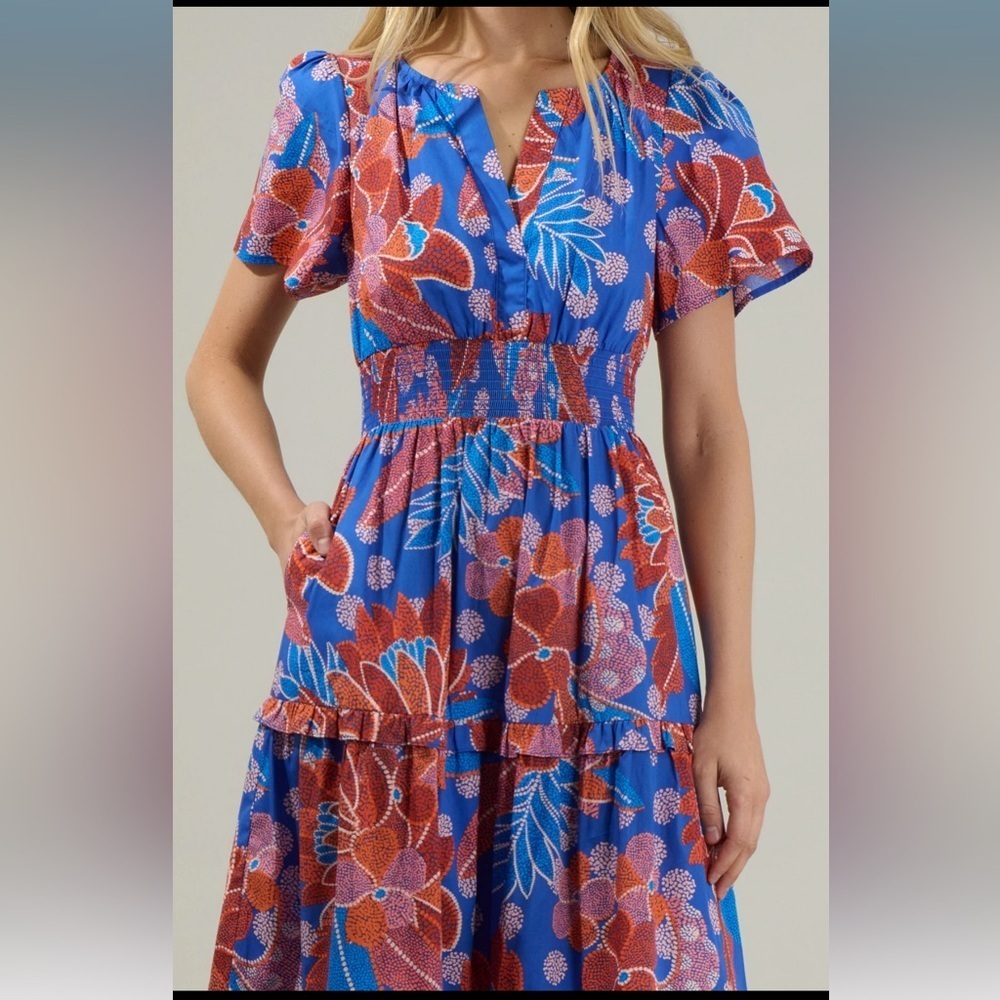 SugarLips Palmer Poplin Maxi Dress Blue Red - Picture 4 of 6